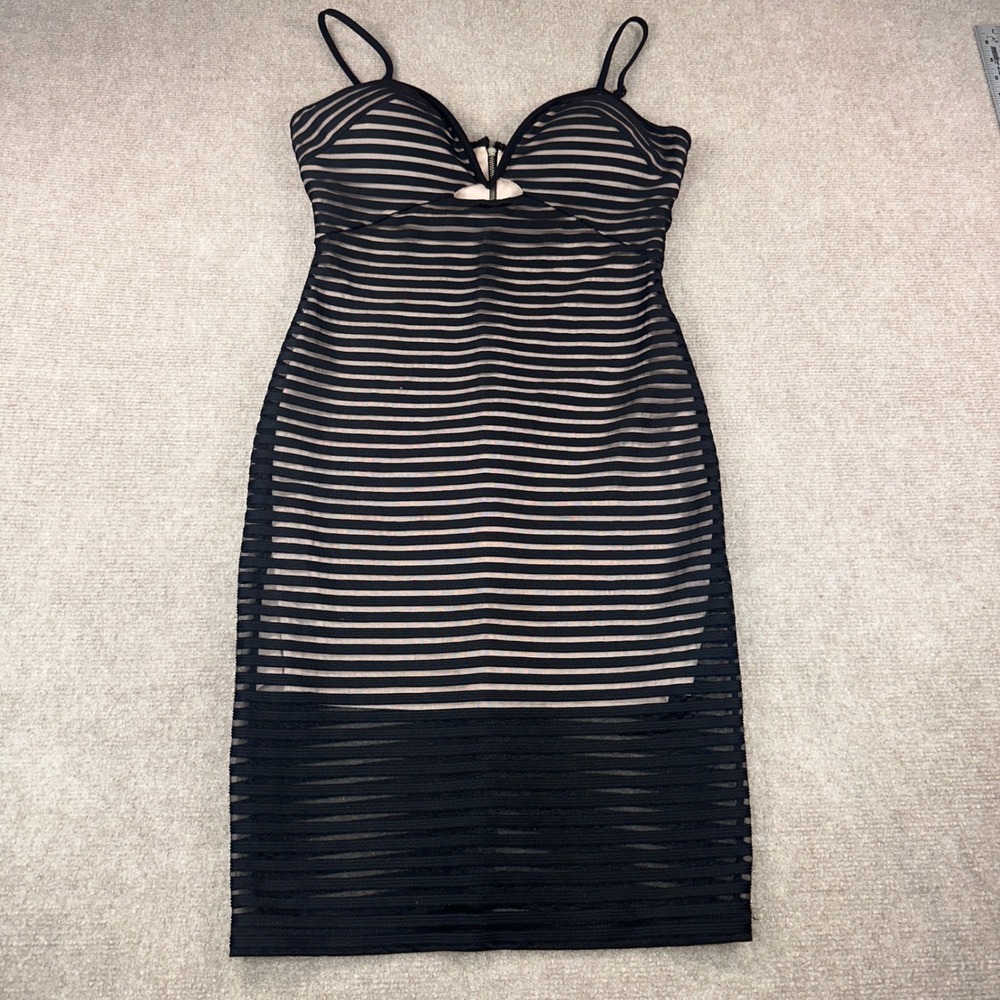 Bebe Black Cocktail Striped Mesh Illusion Bodycon Dress Cutout XS